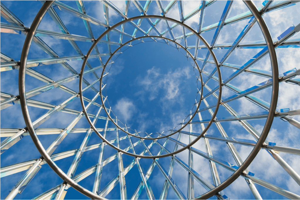 view of the vase-like sculpture on the Fred Hutch campus if you stood in the middle and looked up