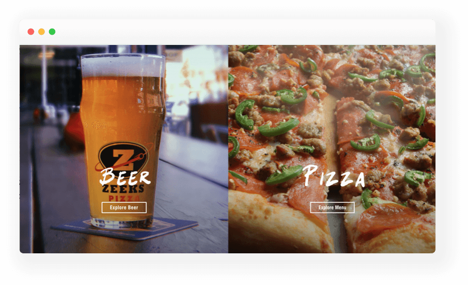 a section of the home page that lets the user see a beer menu and pizza menu