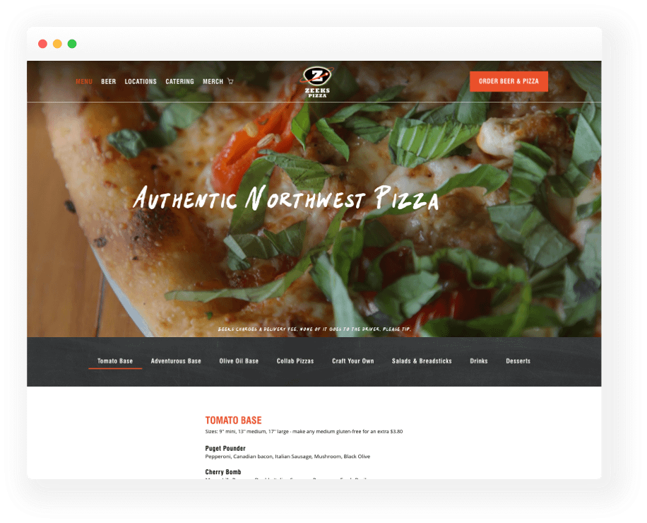a web design of Zeeks Pizza online menu