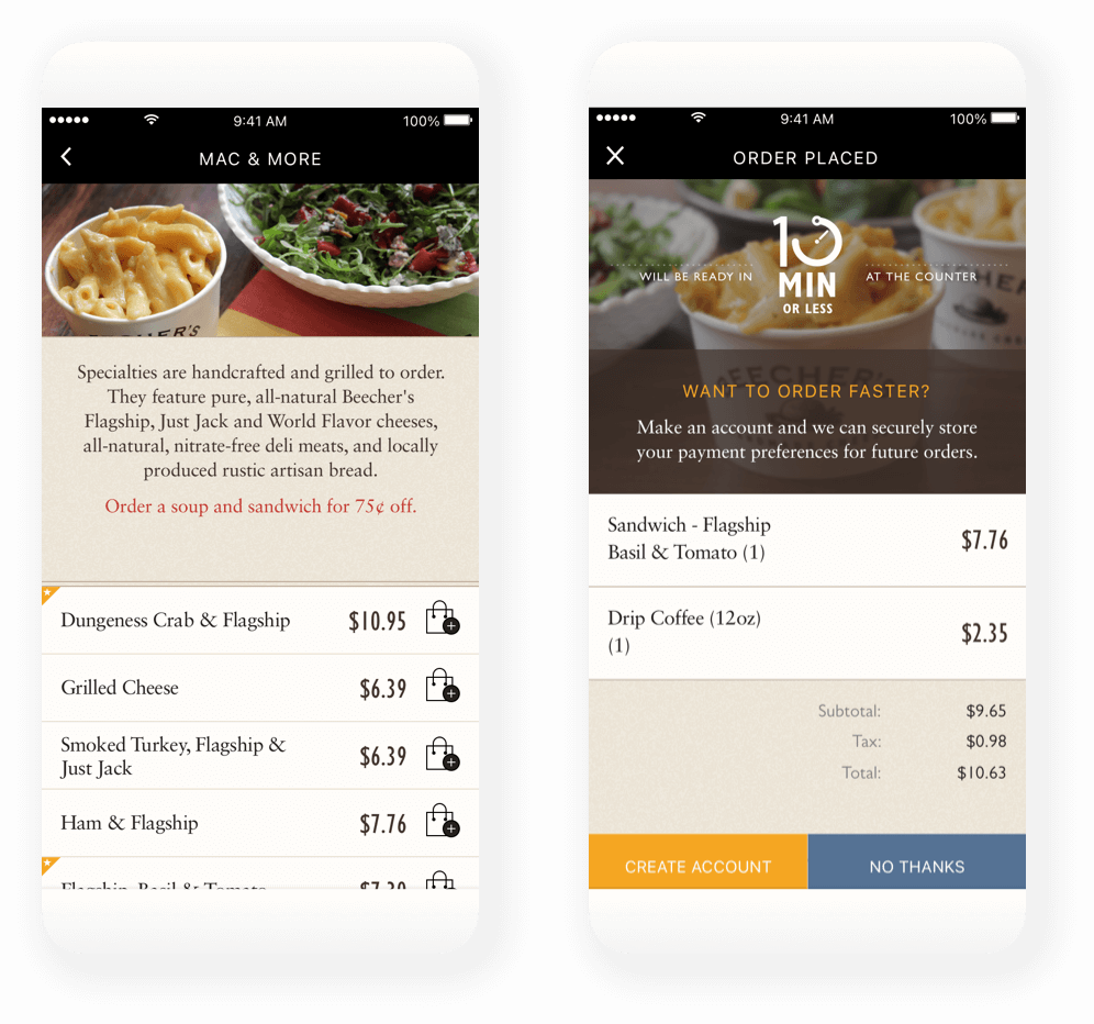 an example of Mentor's mobile design work, showing a menu screen and a purchase confirmation screen